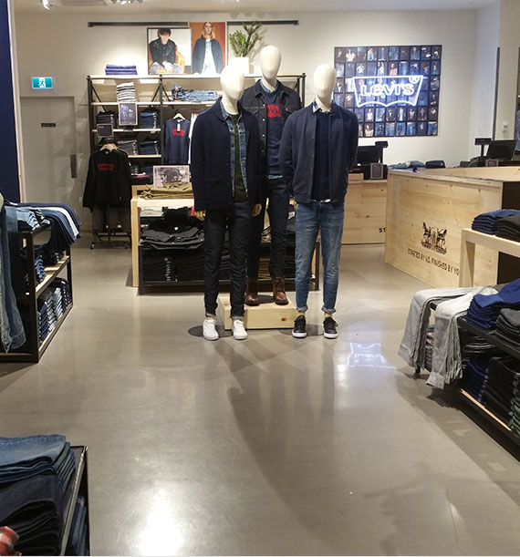 BNE concrete floors finished this Levi's Jeans store in Vaughan Mills, Ontario